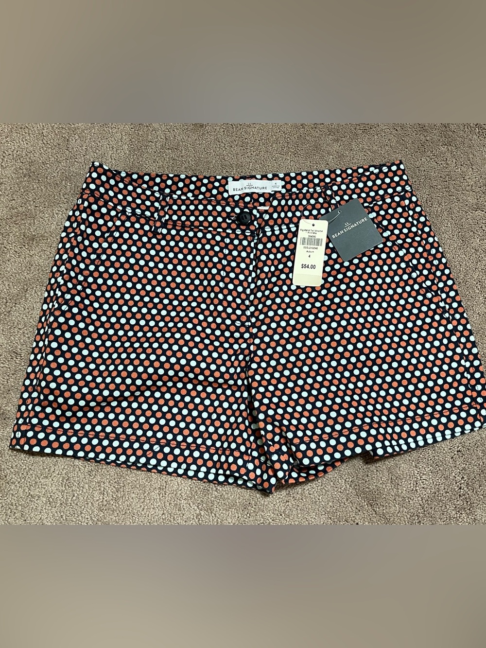 LL Bean Signature Polka Dot Shorts Navy with Orange & White Dots